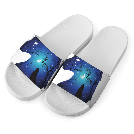 Night Forest Wolf Spirit Print White Slide Sandals