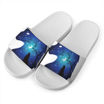 Night Forest Wolf Spirit Print White Slide Sandals
