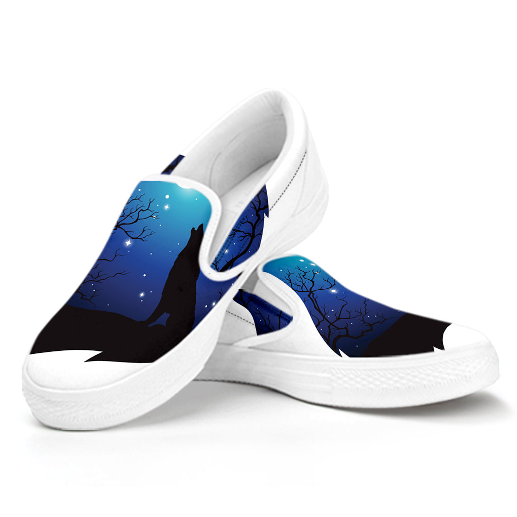 Night Forest Wolf Spirit Print White Slip On Shoes