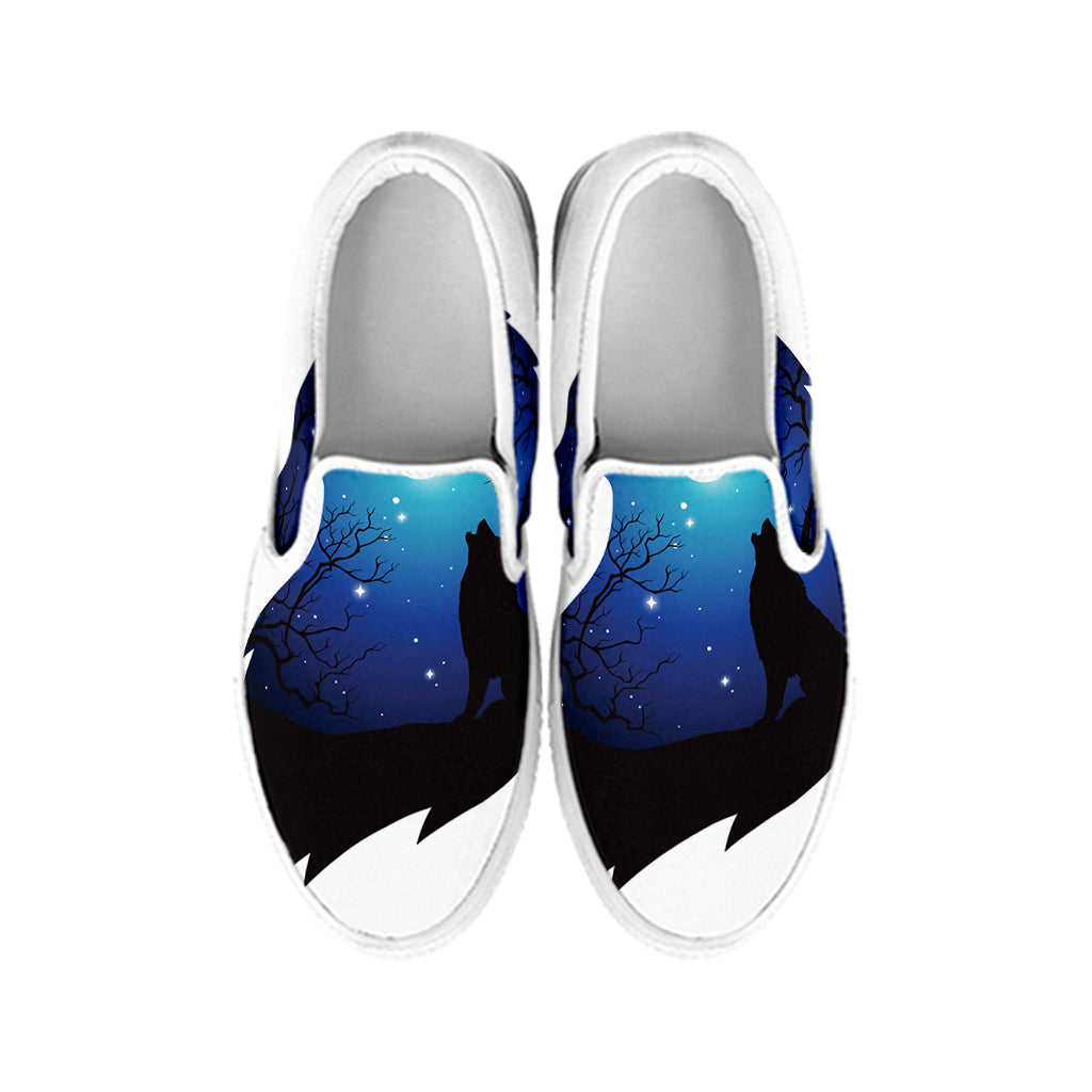 Night Forest Wolf Spirit Print White Slip On Shoes