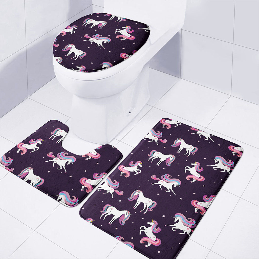 Night Girly Unicorn Pattern Print 3 Piece Bath Mat Set