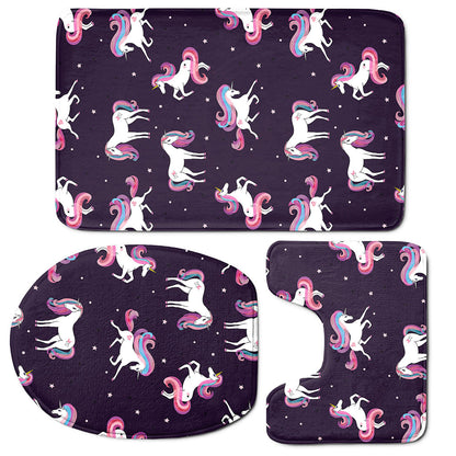 Night Girly Unicorn Pattern Print 3 Piece Bath Mat Set