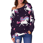 Night Girly Unicorn Pattern Print Off Shoulder Sweatshirt GearFrost