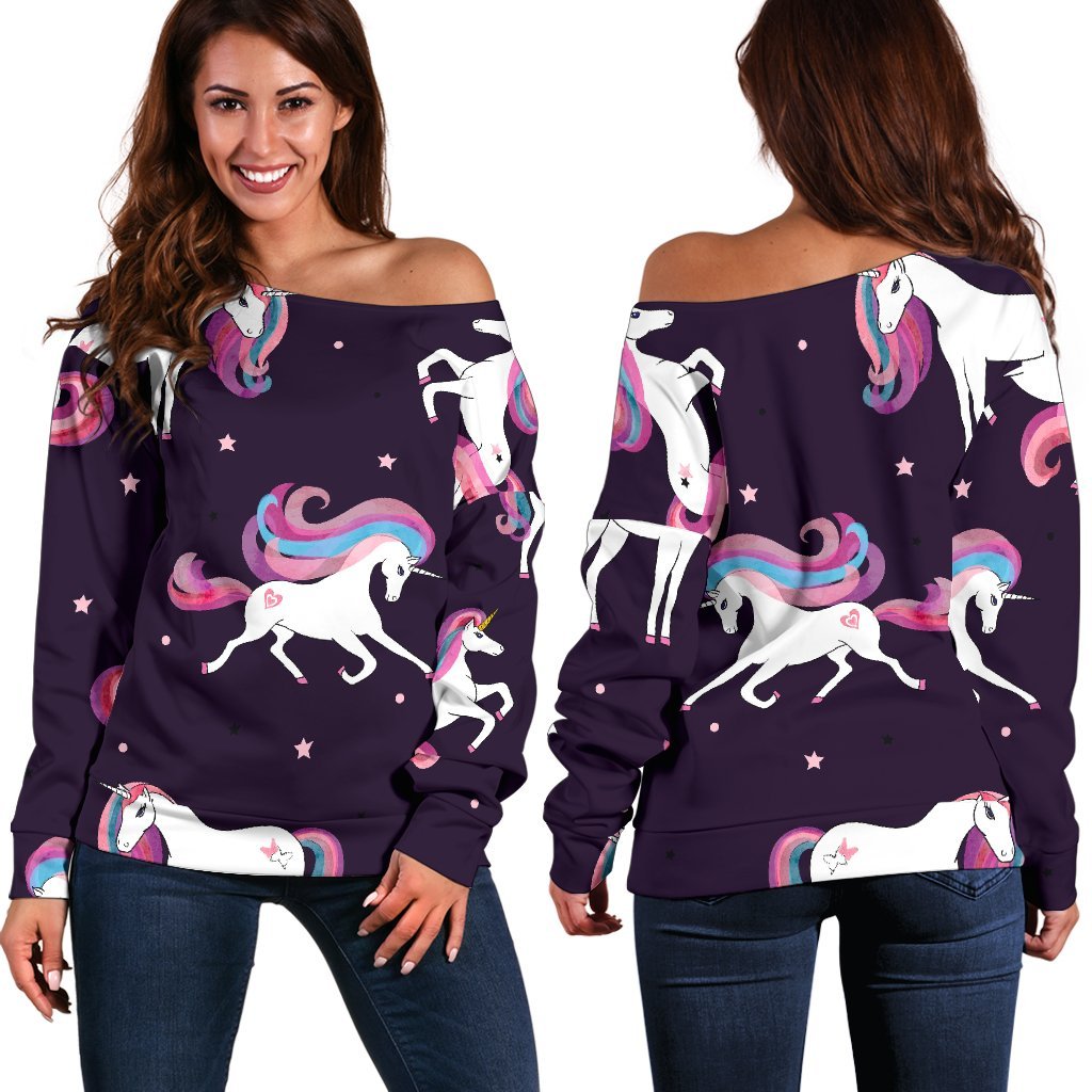 Night Girly Unicorn Pattern Print Off Shoulder Sweatshirt GearFrost