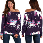 Night Girly Unicorn Pattern Print Off Shoulder Sweatshirt GearFrost