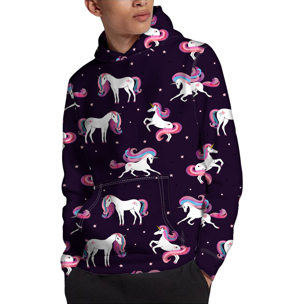 Night Girly Unicorn Pattern Print Pullover Hoodie
