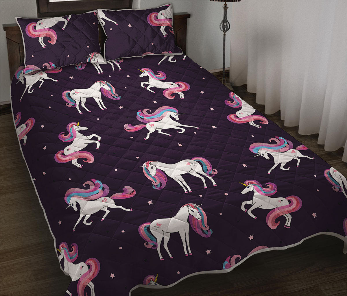 Night Girly Unicorn Pattern Print Quilt Bed Set