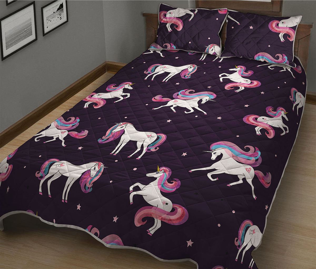 Night Girly Unicorn Pattern Print Quilt Bed Set
