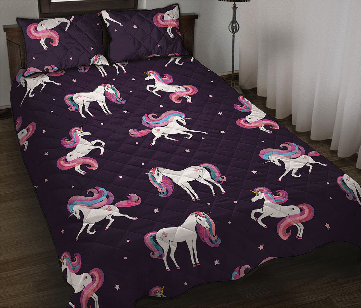 Night Girly Unicorn Pattern Print Quilt Bed Set