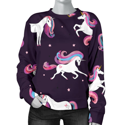 Night Girly Unicorn Pattern Print Women's Crewneck Sweatshirt GearFrost