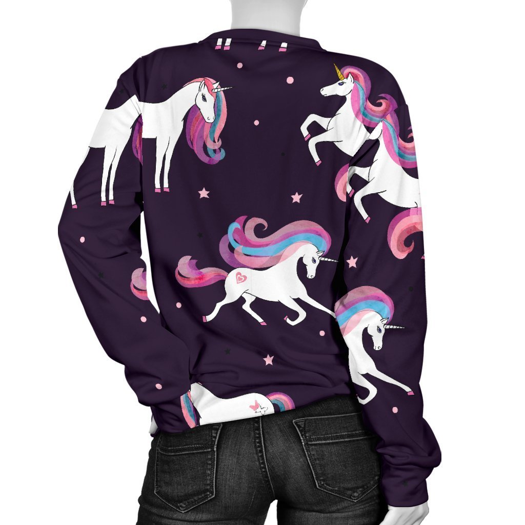 Night Girly Unicorn Pattern Print Women's Crewneck Sweatshirt GearFrost