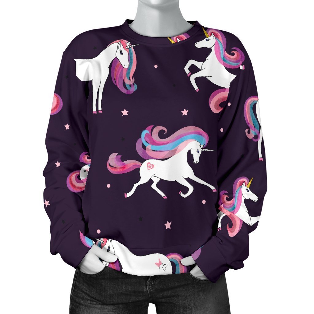 Night Girly Unicorn Pattern Print Women's Crewneck Sweatshirt GearFrost