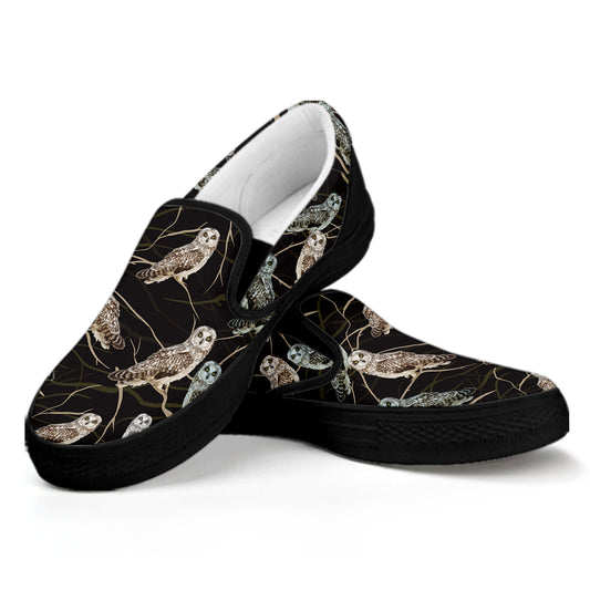 Night Owl Pattern Print Black Slip On Shoes