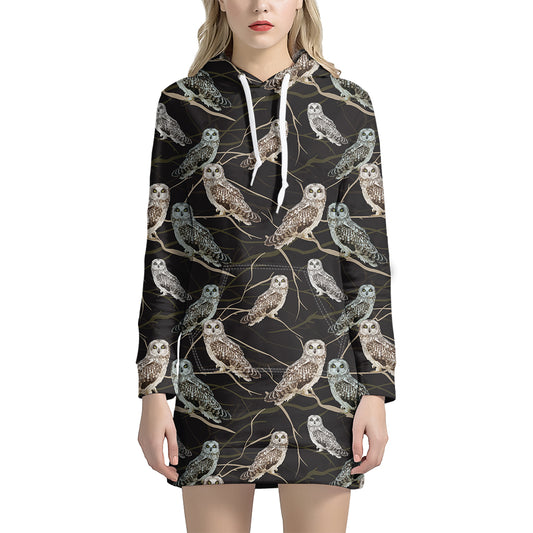 Night Owl Pattern Print Hoodie Dress