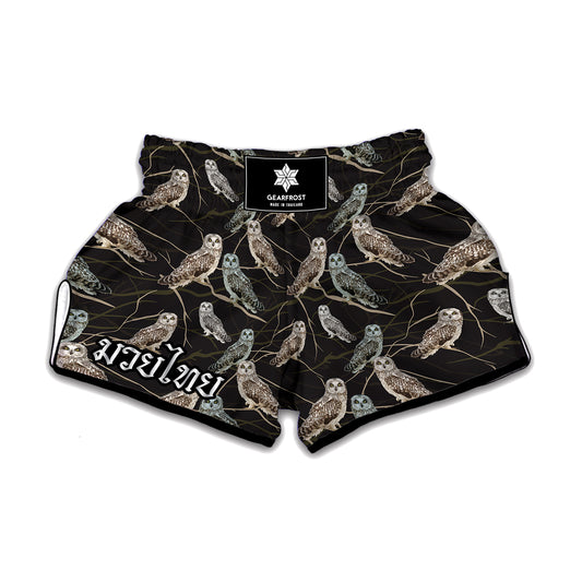 Night Owl Pattern Print Muay Thai Boxing Shorts