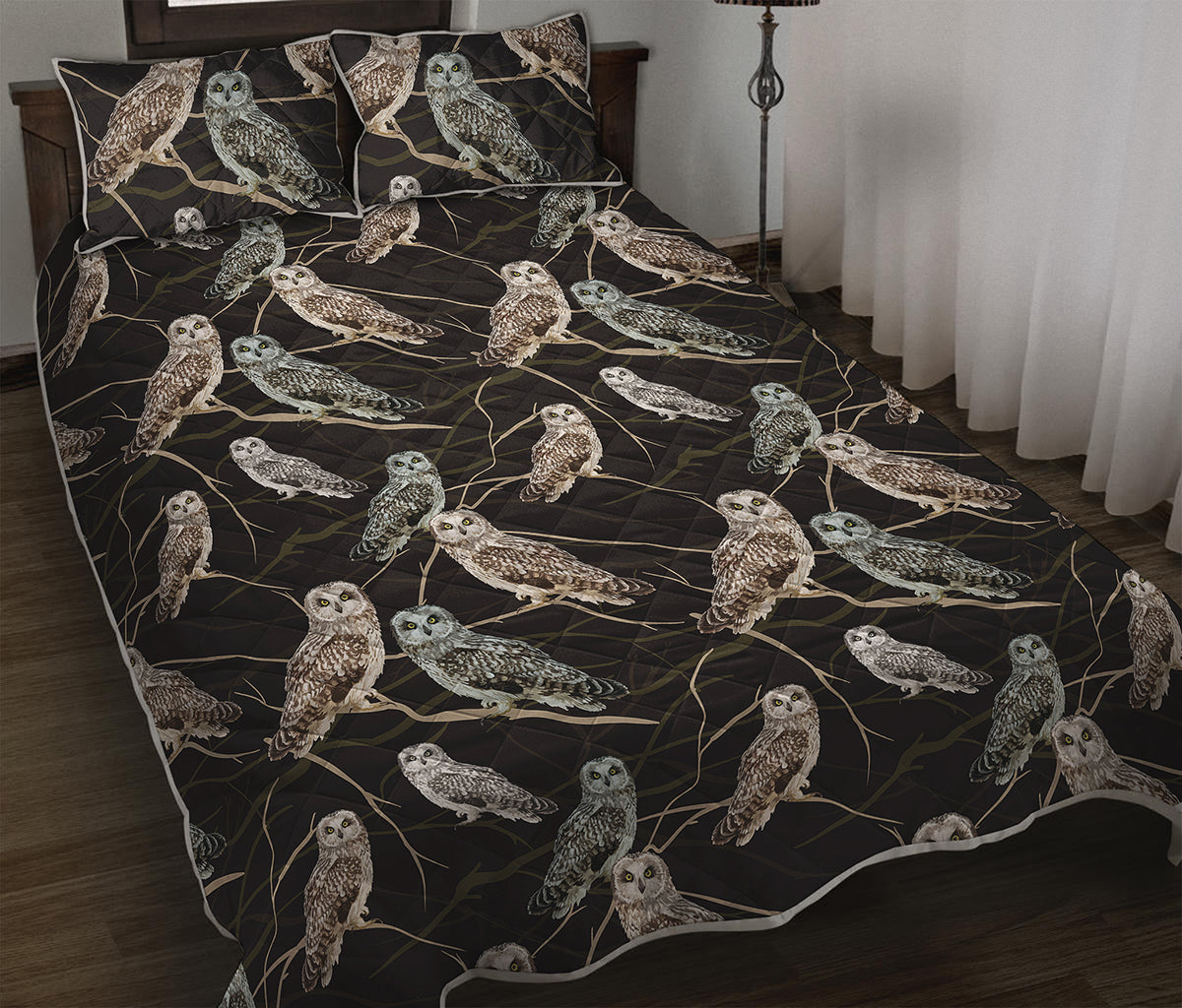 Night Owl Pattern Print Quilt Bed Set