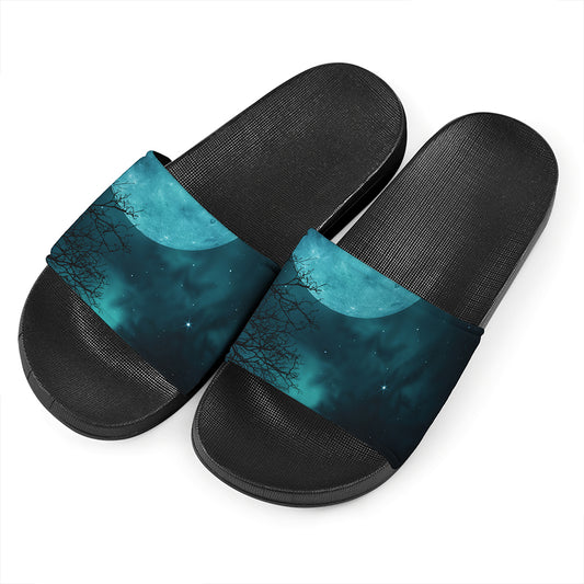 Night Sky And Full Moon Print Black Slide Sandals