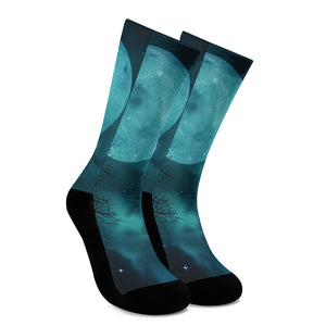 Night Sky And Full Moon Print Crew Socks