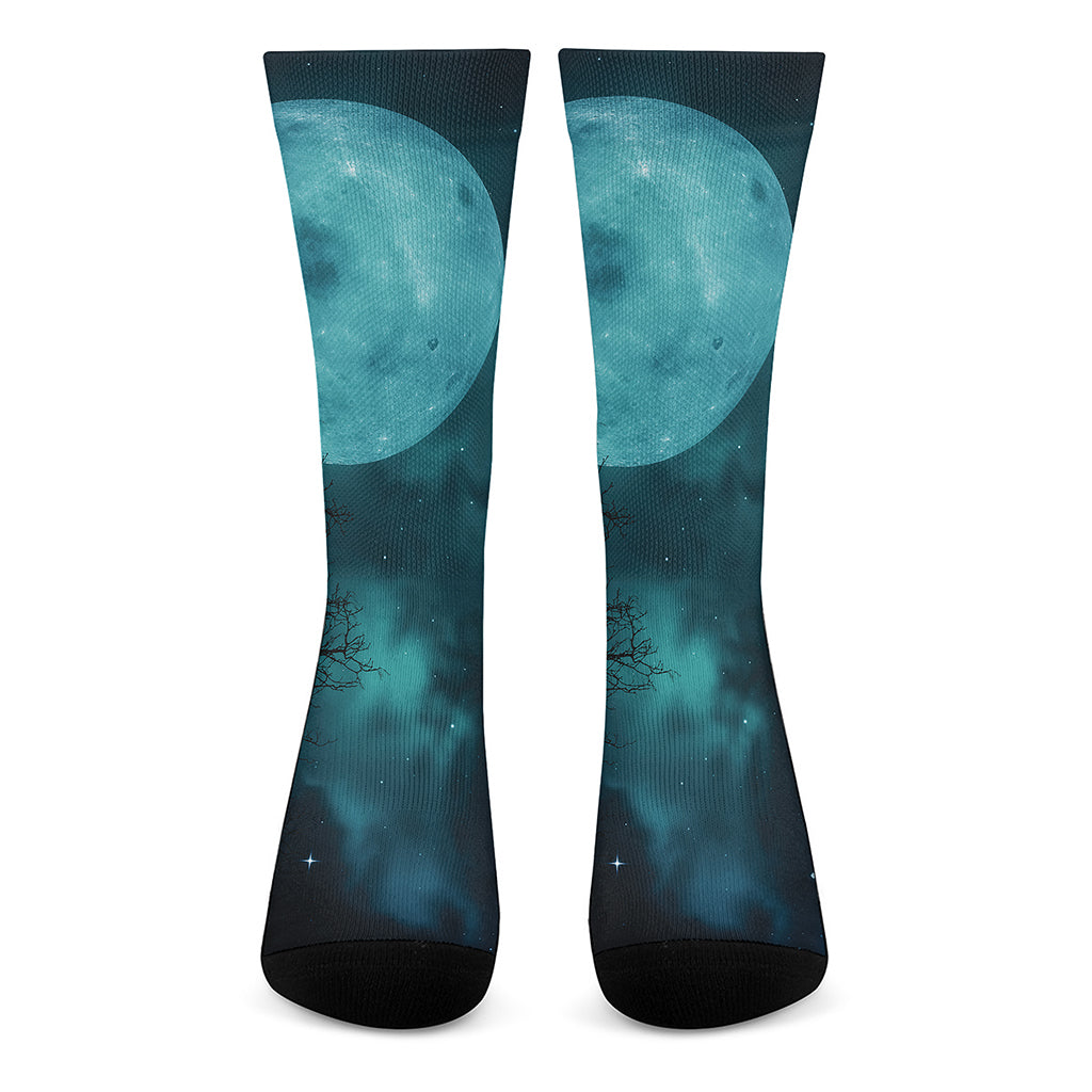 Night Sky And Full Moon Print Crew Socks