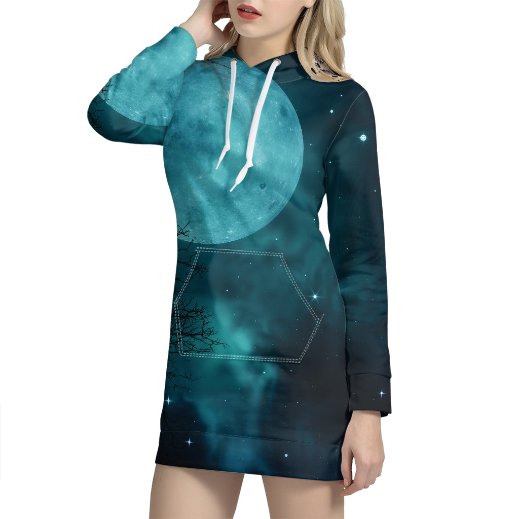 Night Sky And Full Moon Print Hoodie Dress