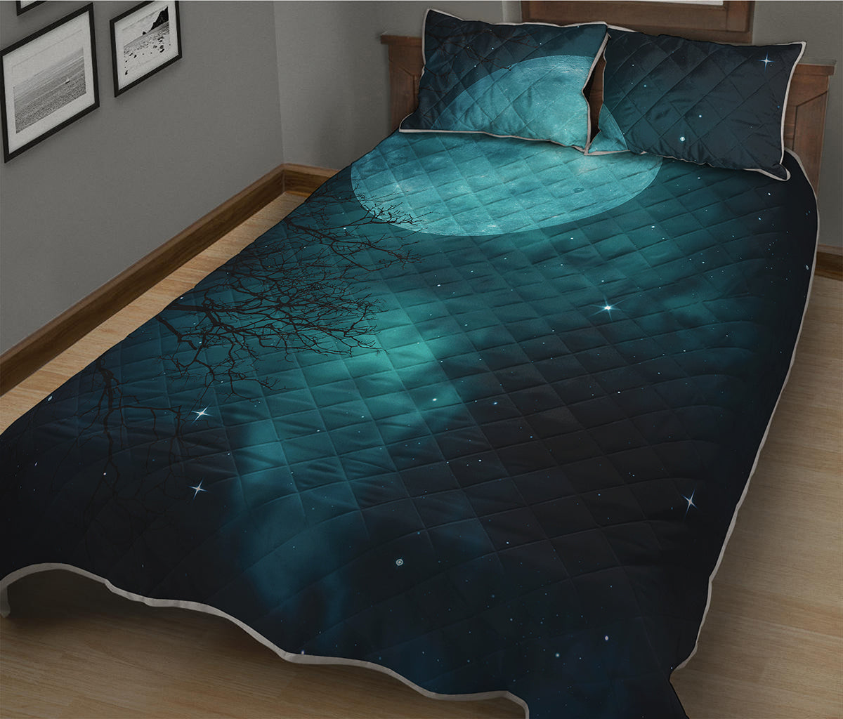 Night Sky And Full Moon Print Quilt Bed Set