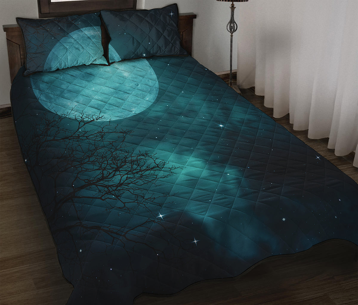 Night Sky And Full Moon Print Quilt Bed Set