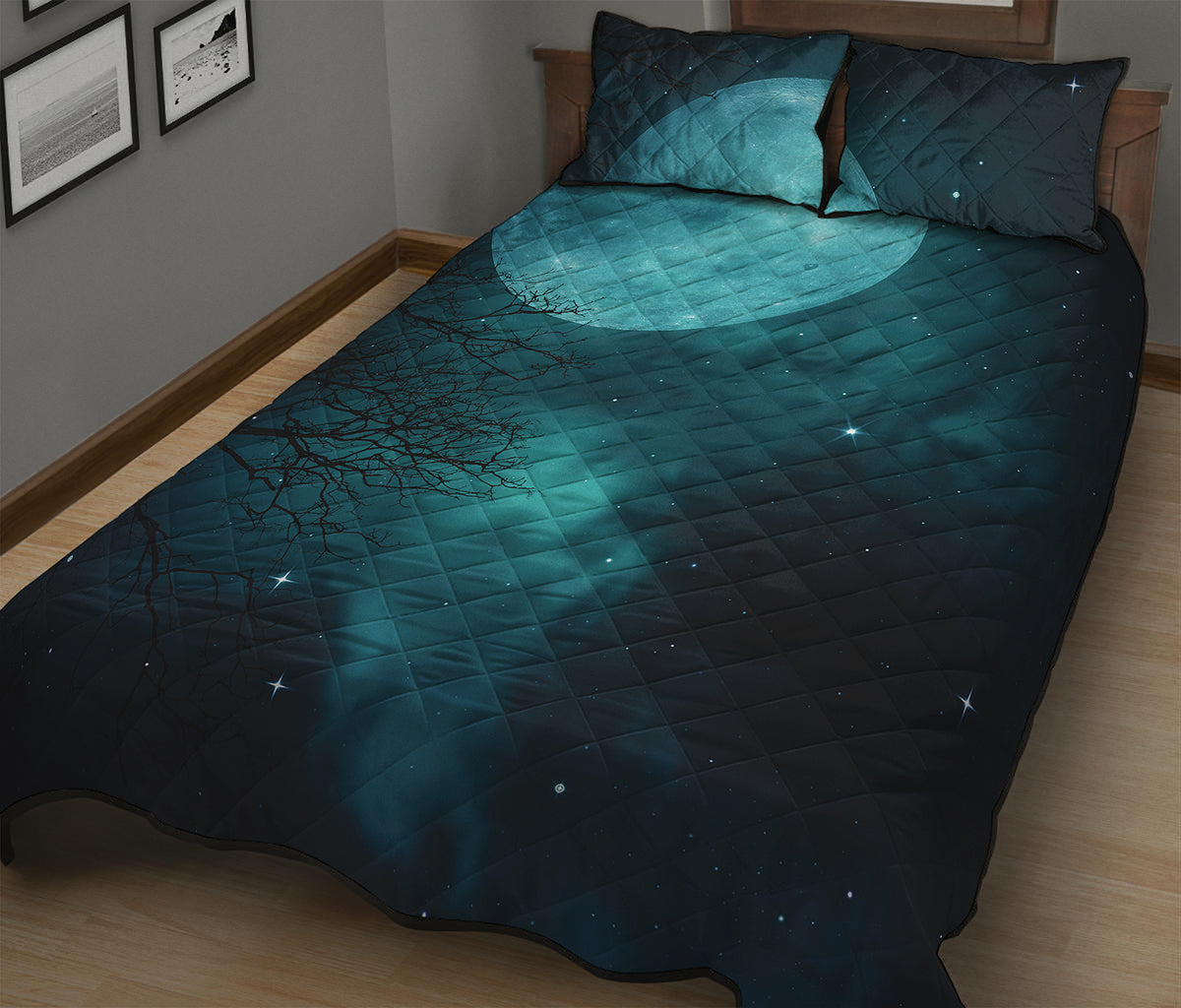 Night Sky And Full Moon Print Quilt Bed Set