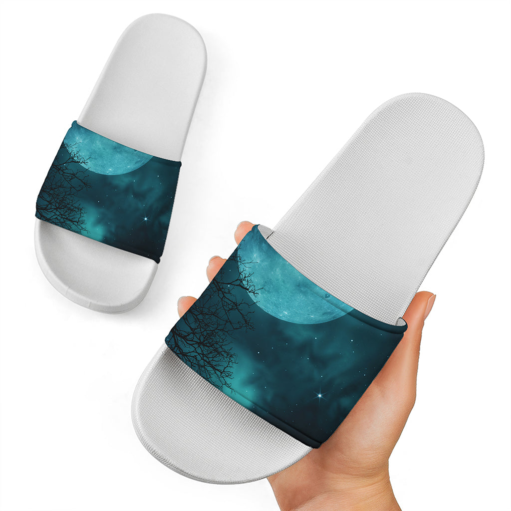 Night Sky And Full Moon Print White Slide Sandals