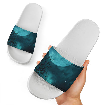 Night Sky And Full Moon Print White Slide Sandals