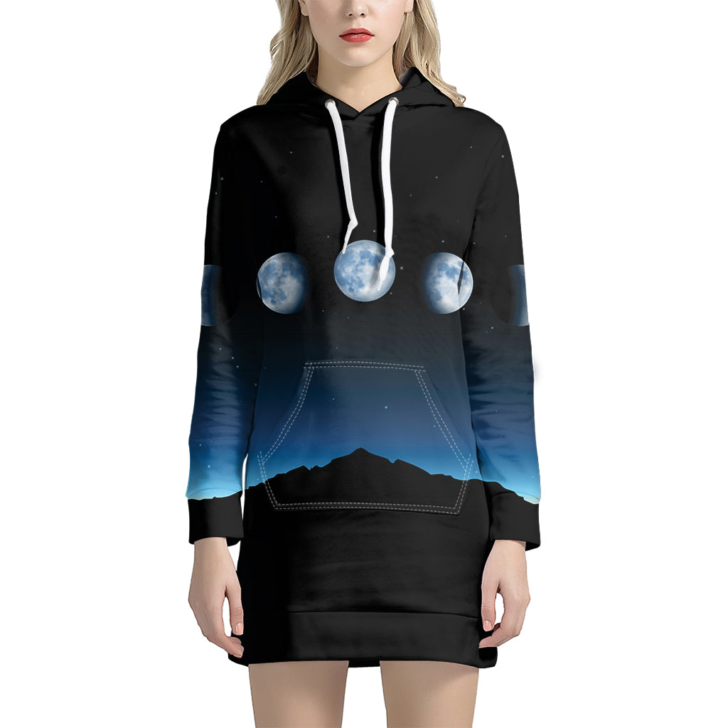 Night Sky And Moon Phase Print Pullover Hoodie Dress