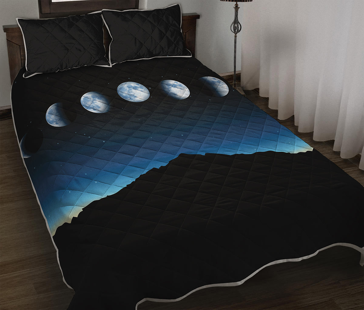 Night Sky And Moon Phase Print Quilt Bed Set