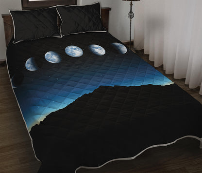 Night Sky And Moon Phase Print Quilt Bed Set