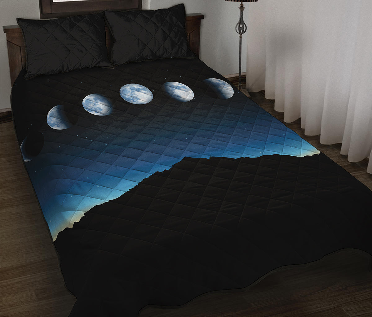 Night Sky And Moon Phase Print Quilt Bed Set