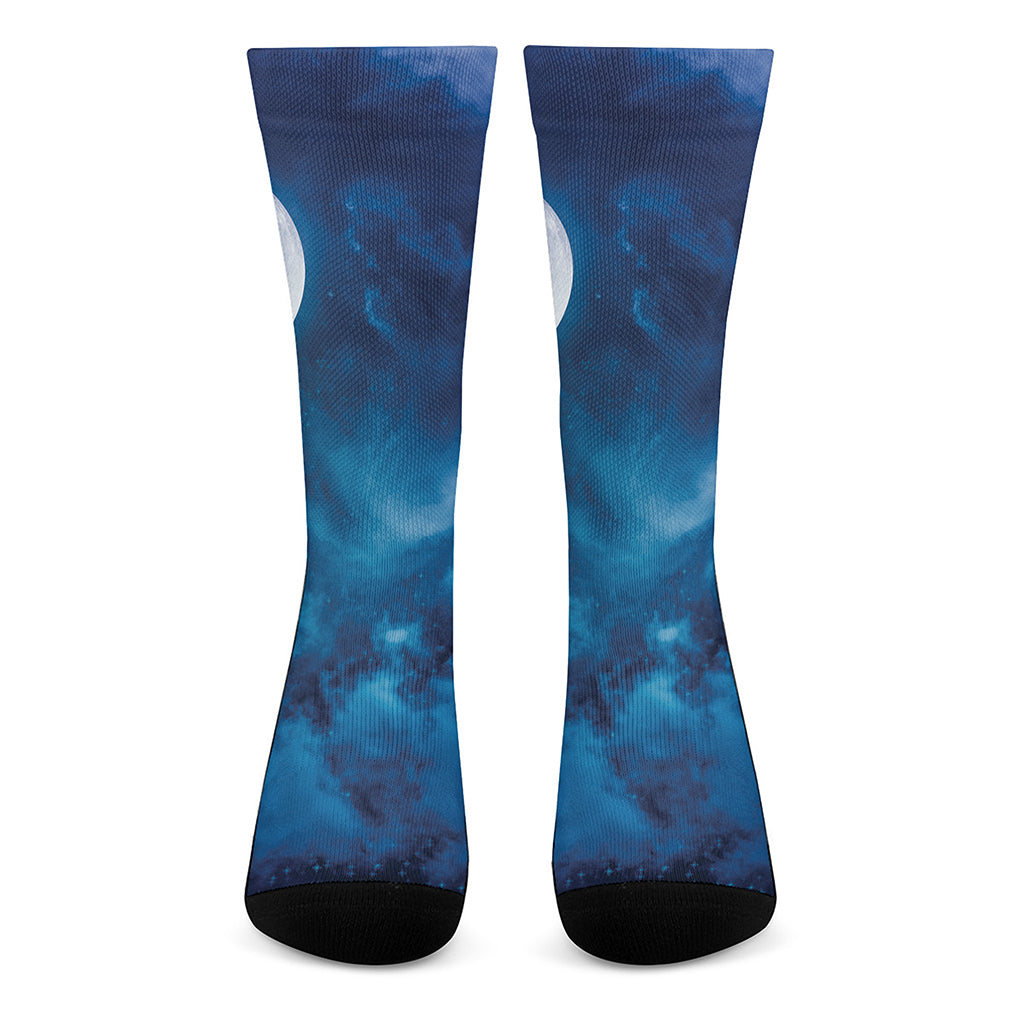 Night Sky And Moonlight Print Crew Socks