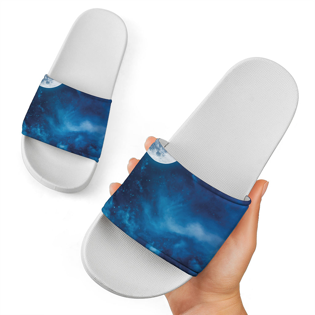 Night Sky And Moonlight Print White Slide Sandals