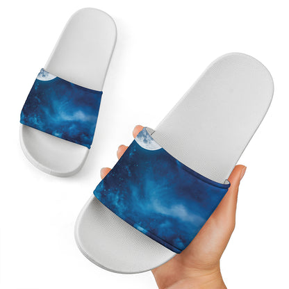 Night Sky And Moonlight Print White Slide Sandals