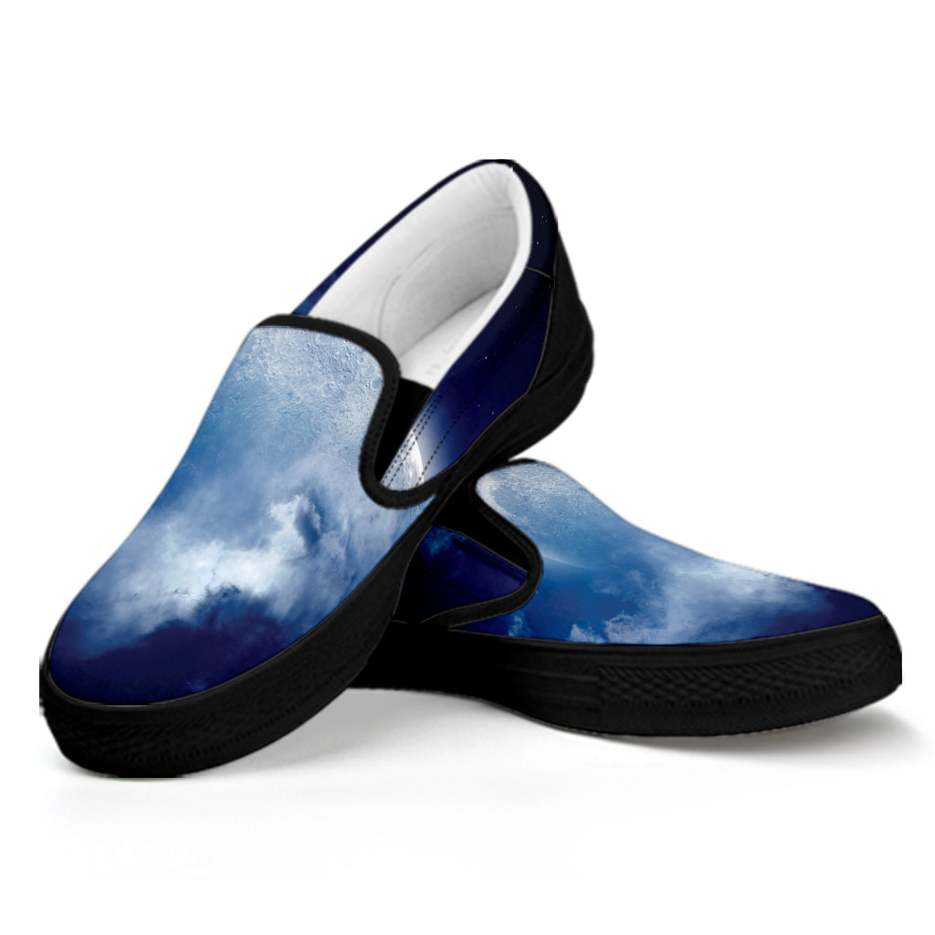 Night Sky Full Moon Print Black Slip On Shoes