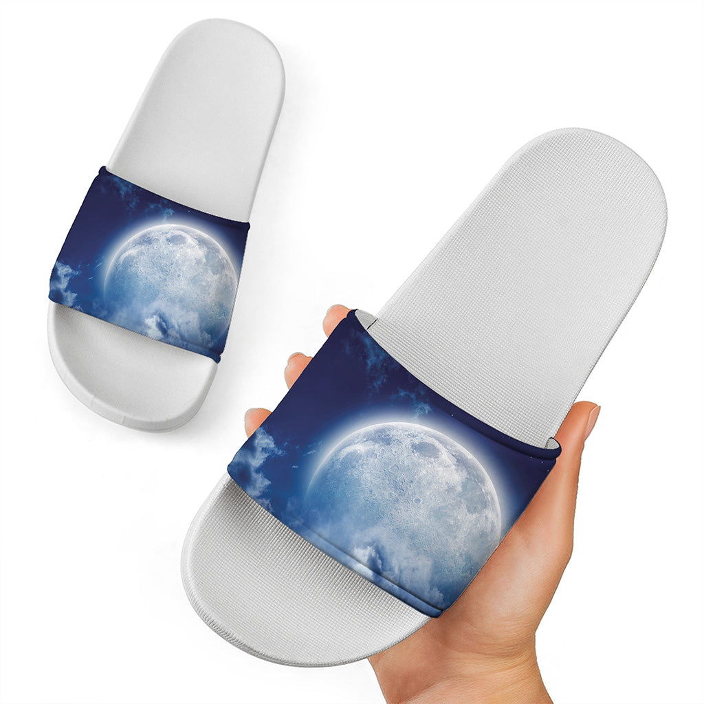 Night Sky Full Moon Print White Slide Sandals