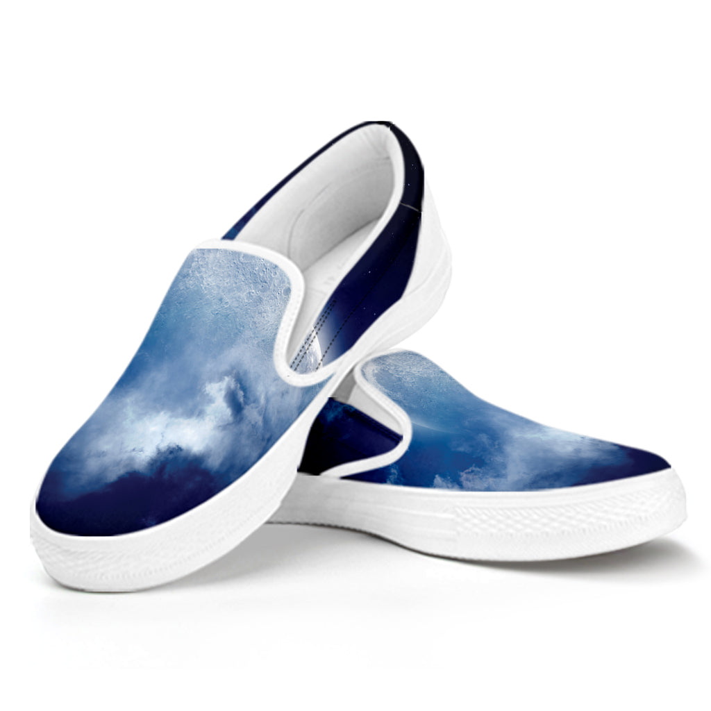 Night Sky Full Moon Print White Slip On Shoes