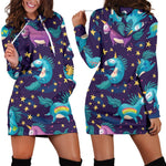 Night Star Unicorn Pattern Print Hoodie Dress GearFrost