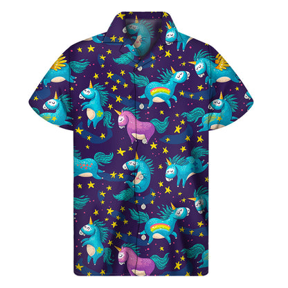 Night Star Unicorn Pattern Print Men's Short Sleeve Shirt