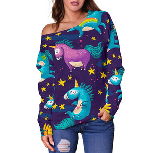 Night Star Unicorn Pattern Print Off Shoulder Sweatshirt GearFrost