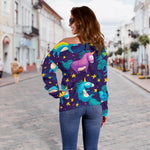 Night Star Unicorn Pattern Print Off Shoulder Sweatshirt GearFrost