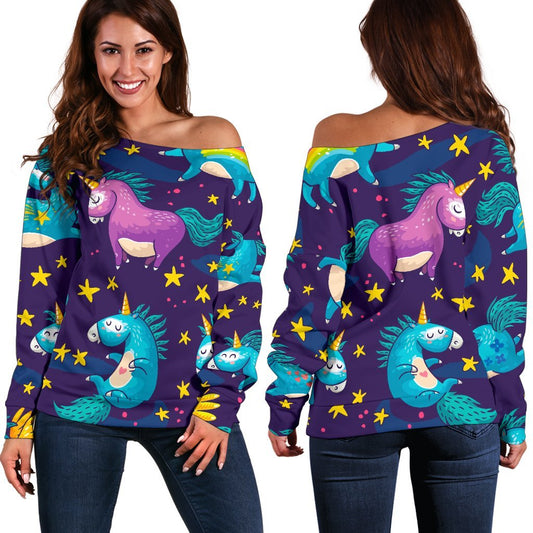 Night Star Unicorn Pattern Print Off Shoulder Sweatshirt GearFrost