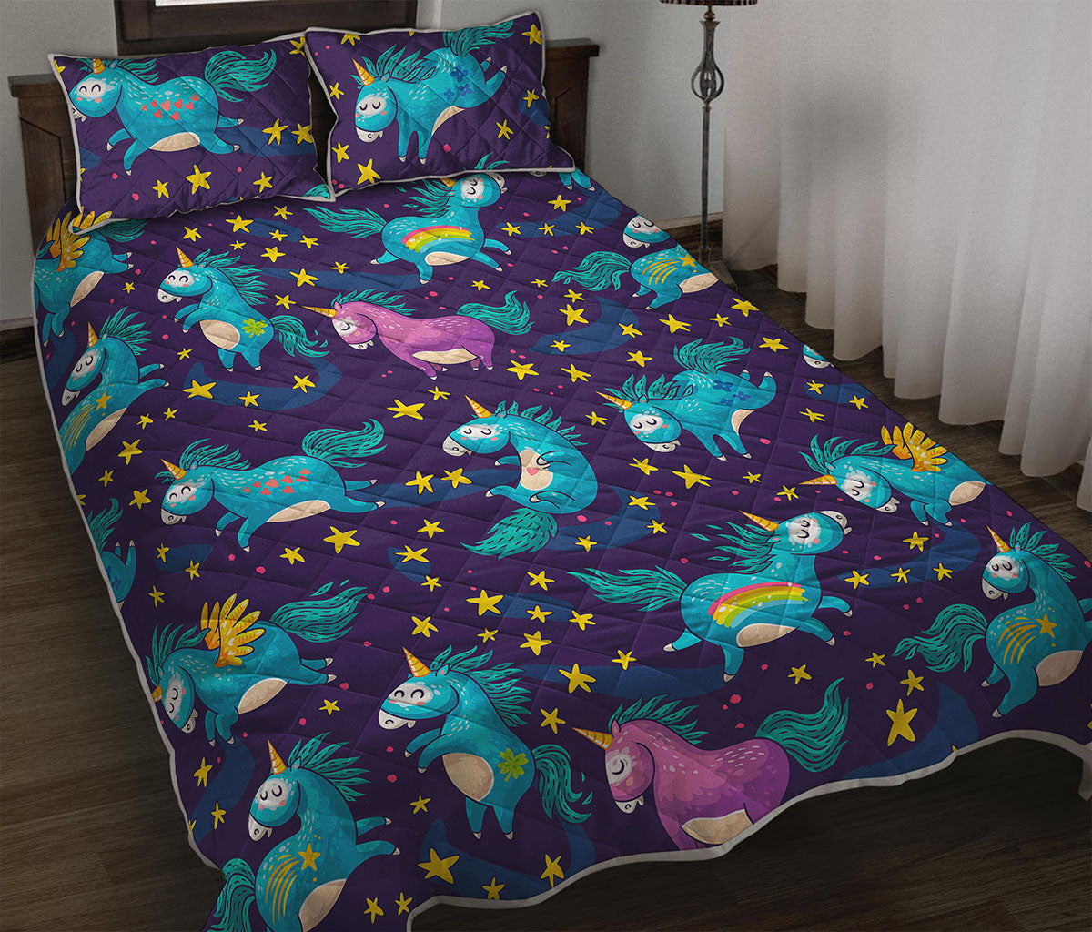 Night Star Unicorn Pattern Print Quilt Bed Set