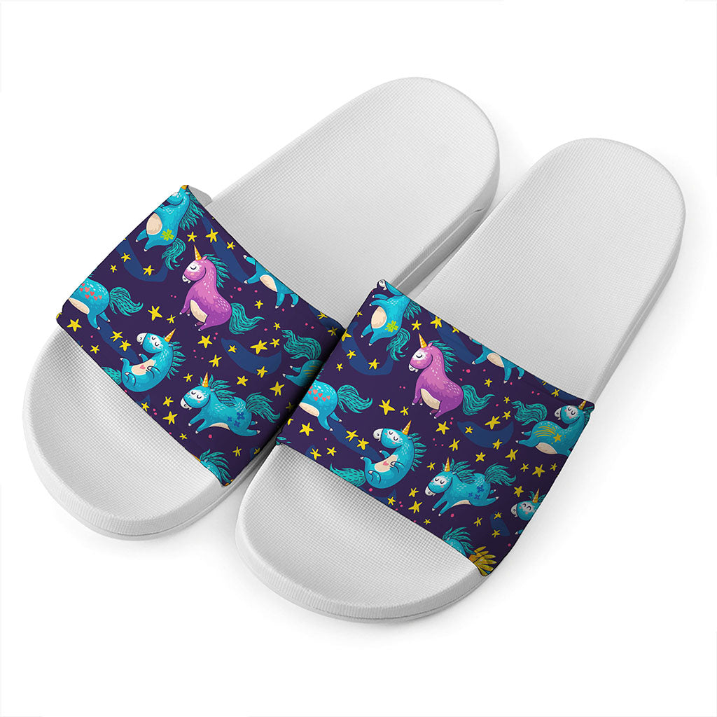 Night Star Unicorn Pattern Print White Slide Sandals