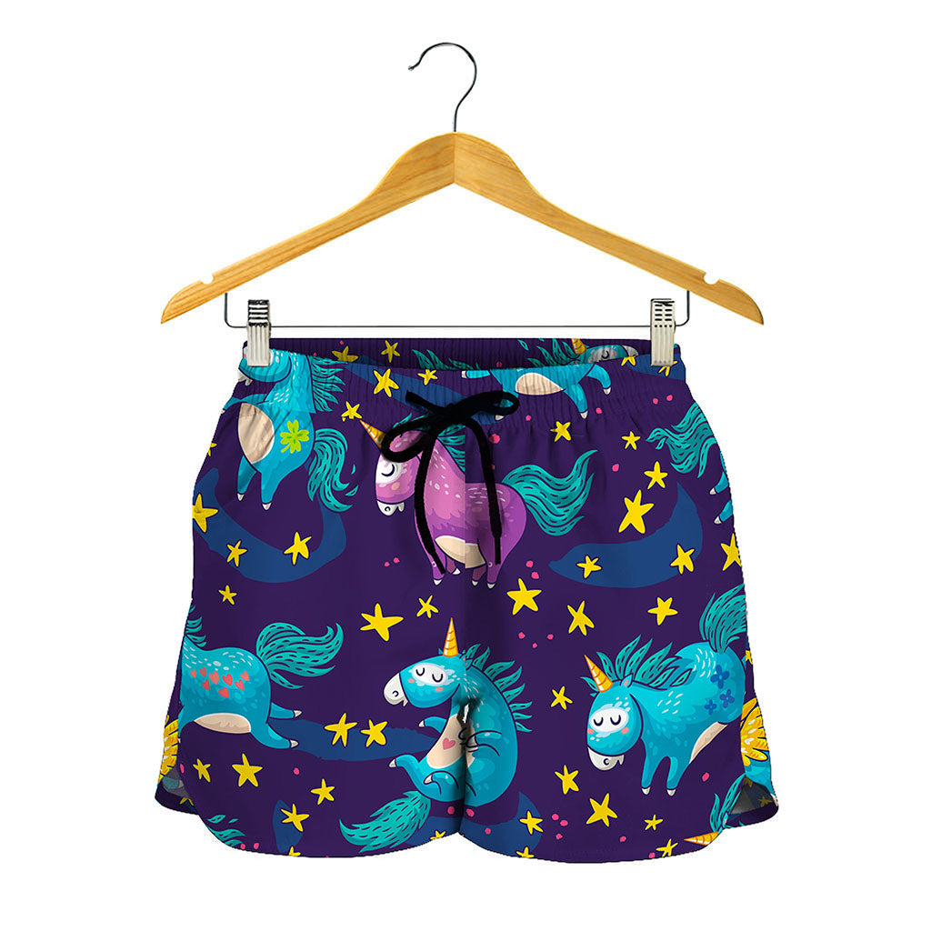 Night Star Unicorn Pattern Print Women's Shorts