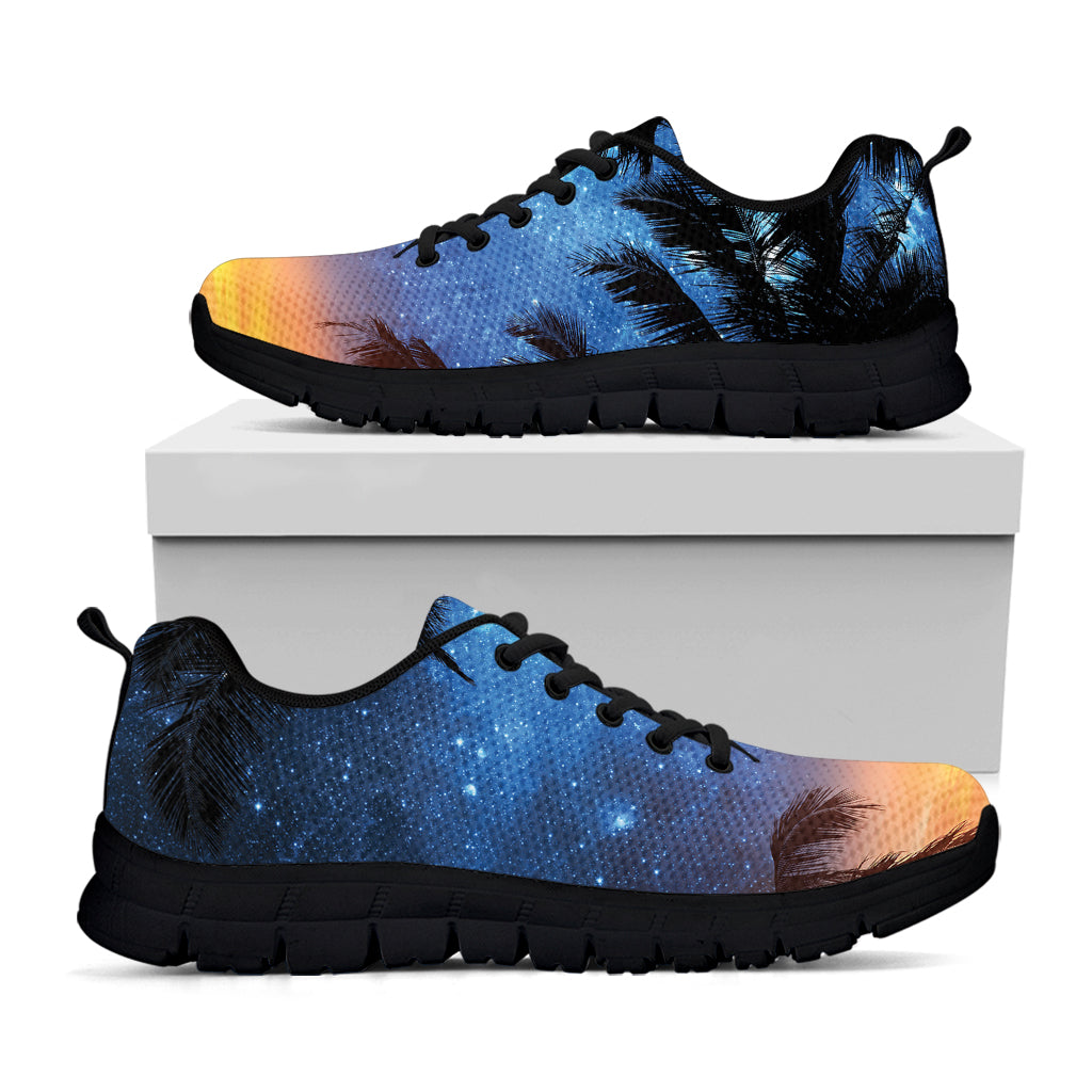 Night Sunset Sky And Palm Trees Print Black Sneakers