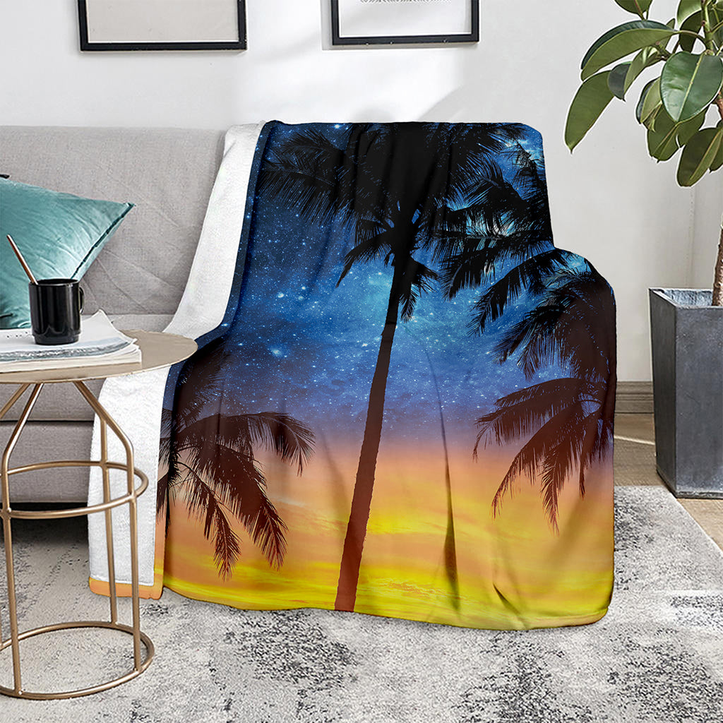 Night Sunset Sky And Palm Trees Print Blanket