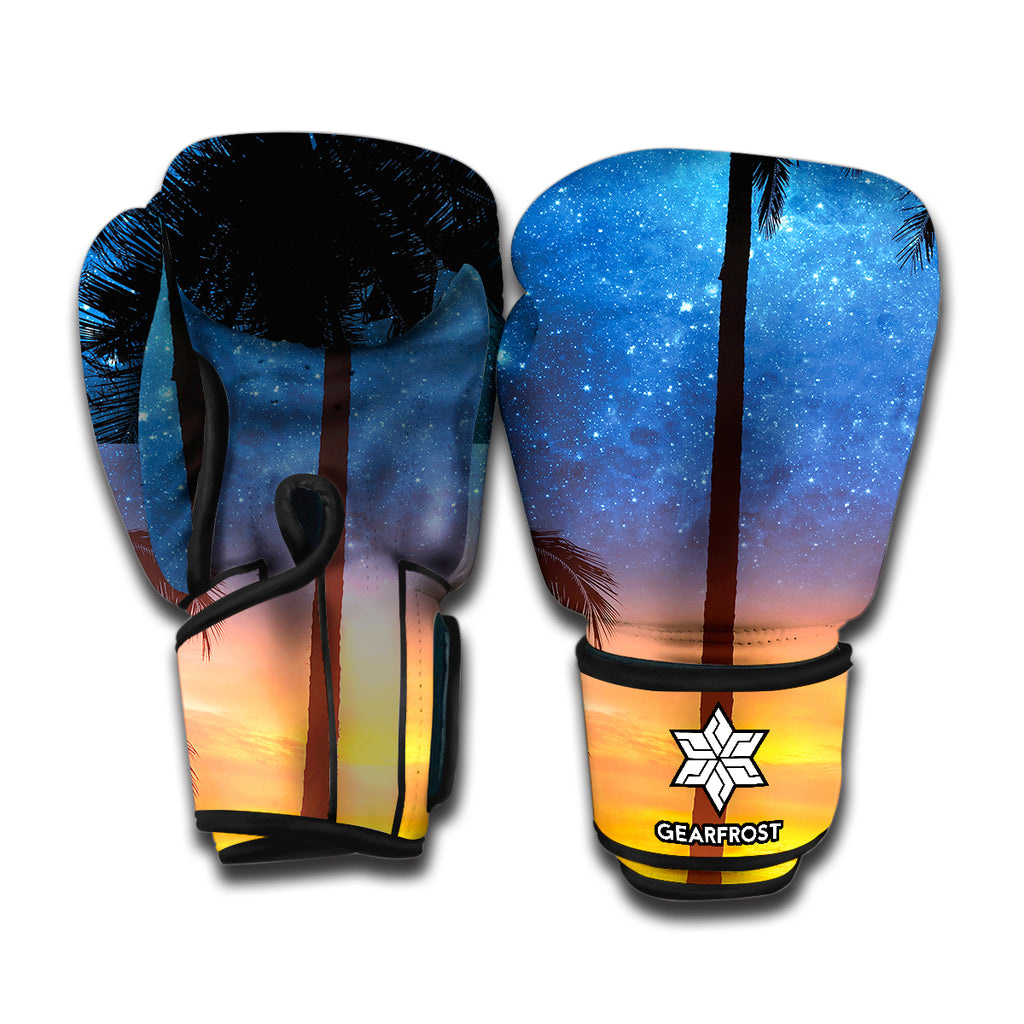 Night Sunset Sky And Palm Trees Print Boxing Gloves